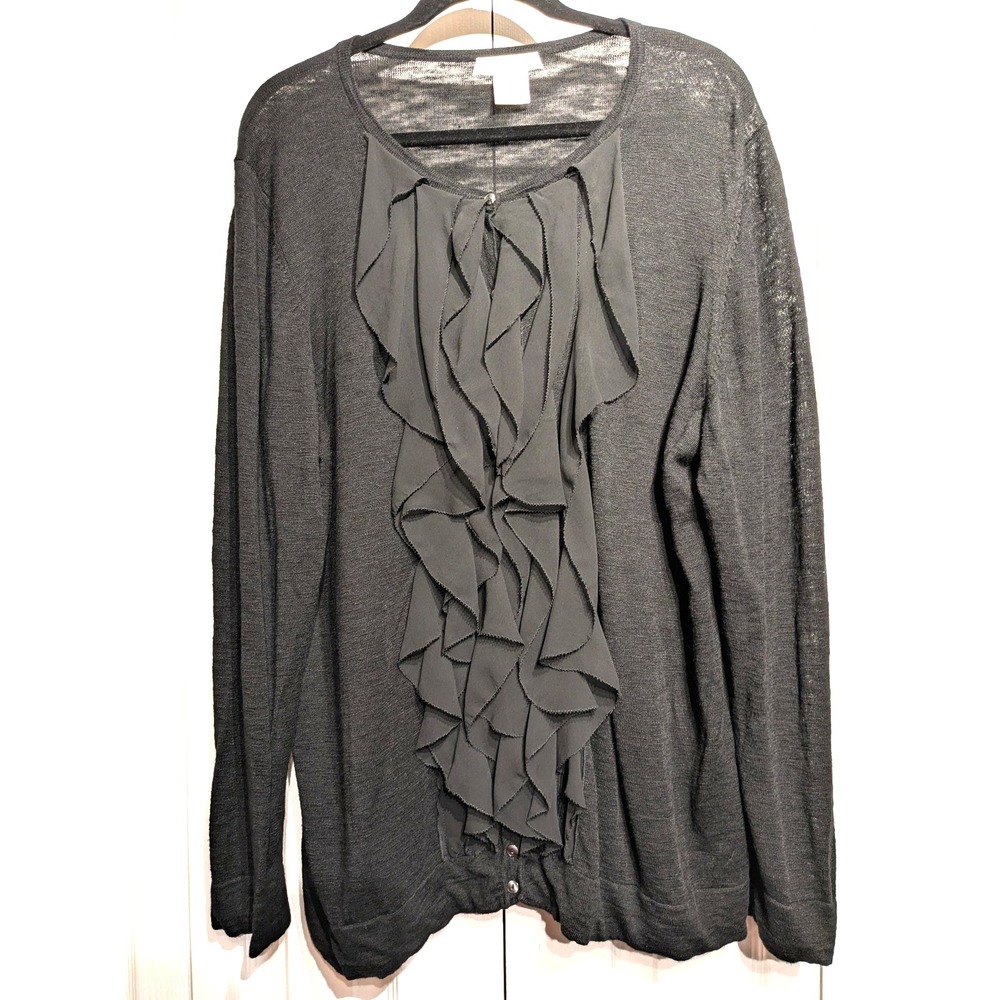 Kate Hill Sweater Womens 2X Black Ruffle Front Cardigan Lightweight Linen Blend